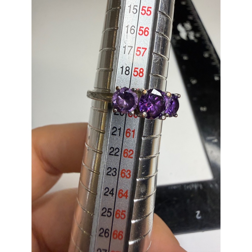 Sterling Silver Triple Purple Amethyst Stone Ring Size 9 Engraved Band